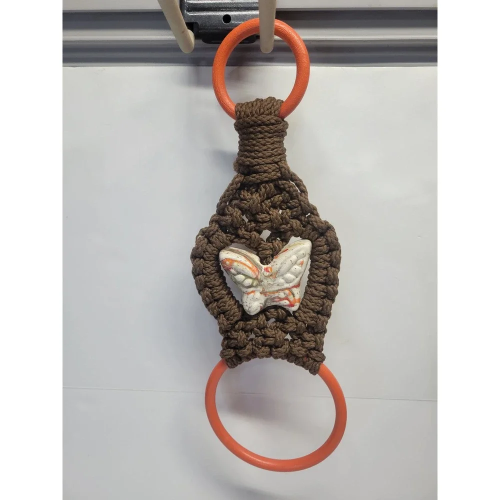 Vintage Macrame Butterfly Towel Holder Brown Orange Ceramic Retro Boho 70s Decor